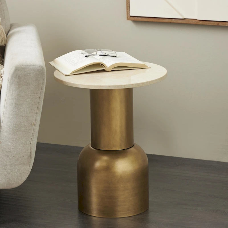 Metal Pedestal Side End Accent Table with Cream Marble Tabletop - Gold